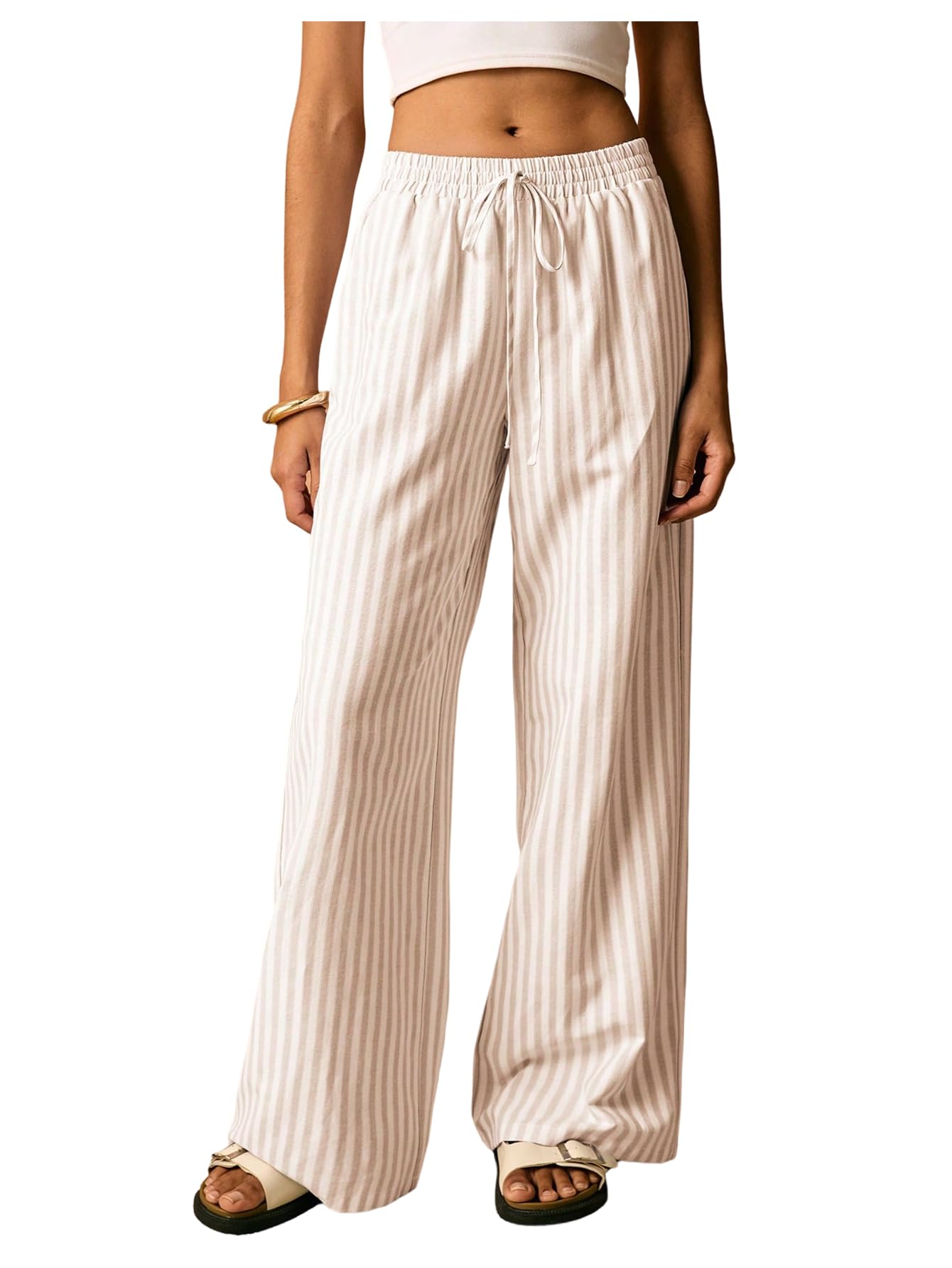 Floerns Womens Striped Straight Leg Pants Drawstring Elastic Waist Lounge Pants