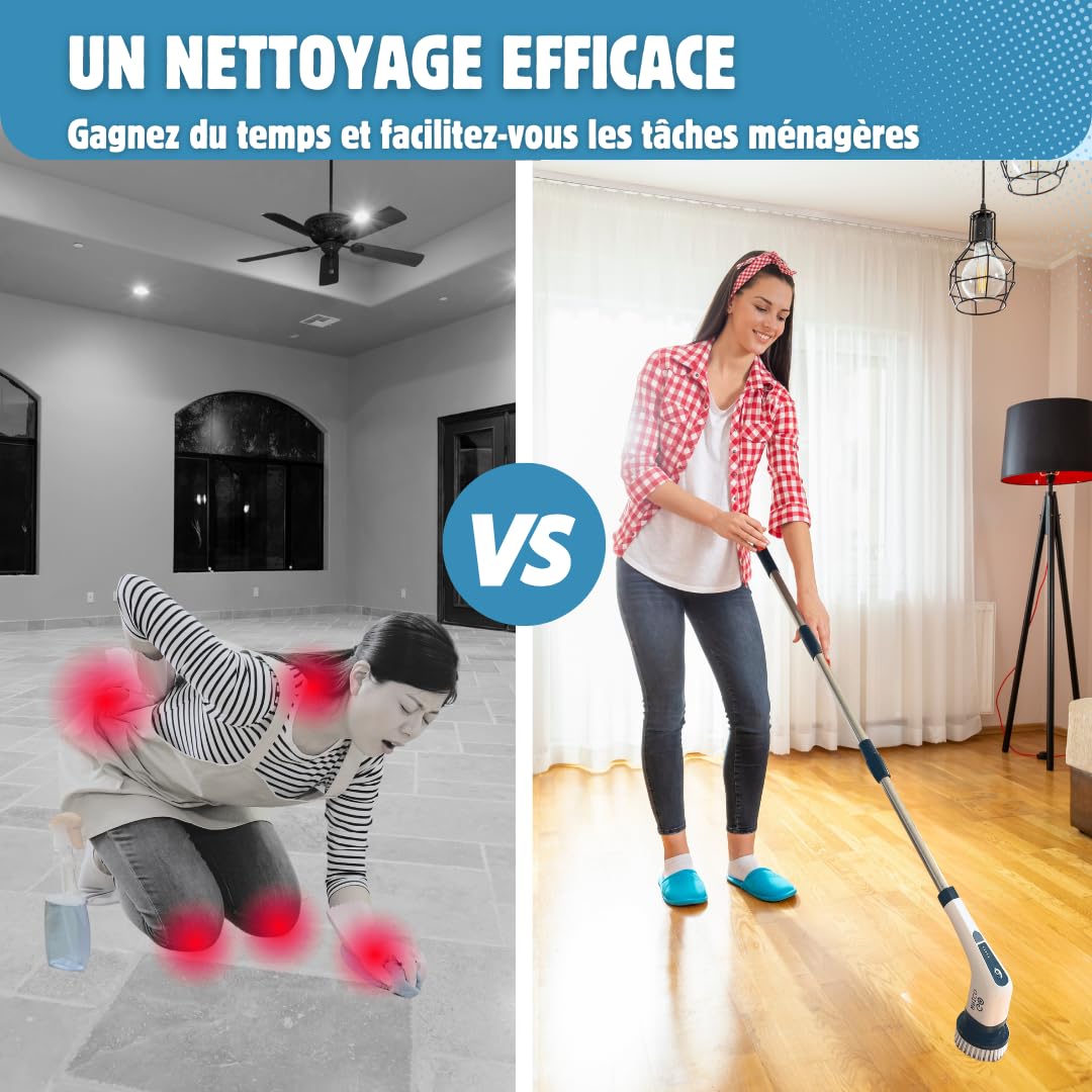 Brosse de Nettoyage Électrique [Go-Brico] Puissante Rotative Maison Salle de bain Cuisine Carrelage Sol Voiture Jantes Tapis Moto Bateau - Têtes Interchangeables Vitesse Réglable Batterie Rechargeable