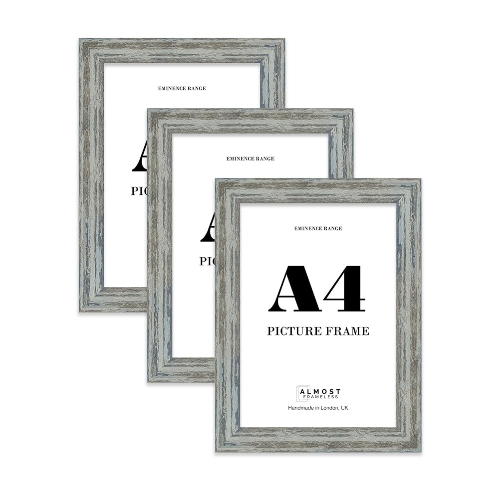 A4 Distressed Blue Picture Frame - Rustic Wood Industrial Effect Photo Frame for Wall Display, Ideal for Posters, Prints & Home Décor, Wall Hooks and Kickstand, 32mm Edge - 3 Pack