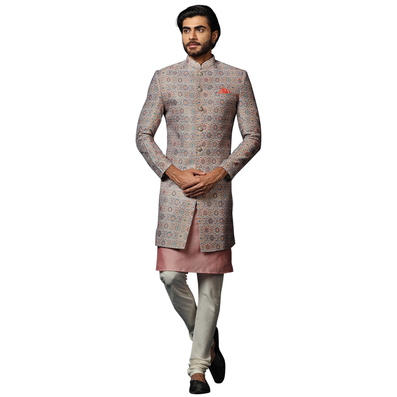 kisah Men's Kurta Indo-Western Sherwani Churidar Set, Blue Jacquard, Woven Design Mandarin Collar Regular Fit Full Sleeves-picture-19