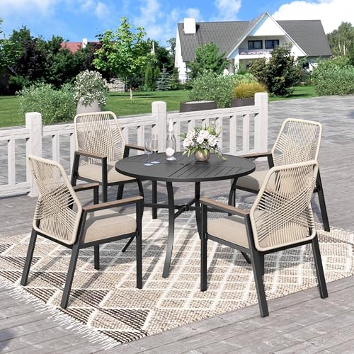 PHI VILLA Table Chaise de Jardin Exterieur, Table a Manger Ronde avec Lot de Chaises 4 Personnes Rotin avec Trou de Parasol Fer Forgé Terrasse Balcon