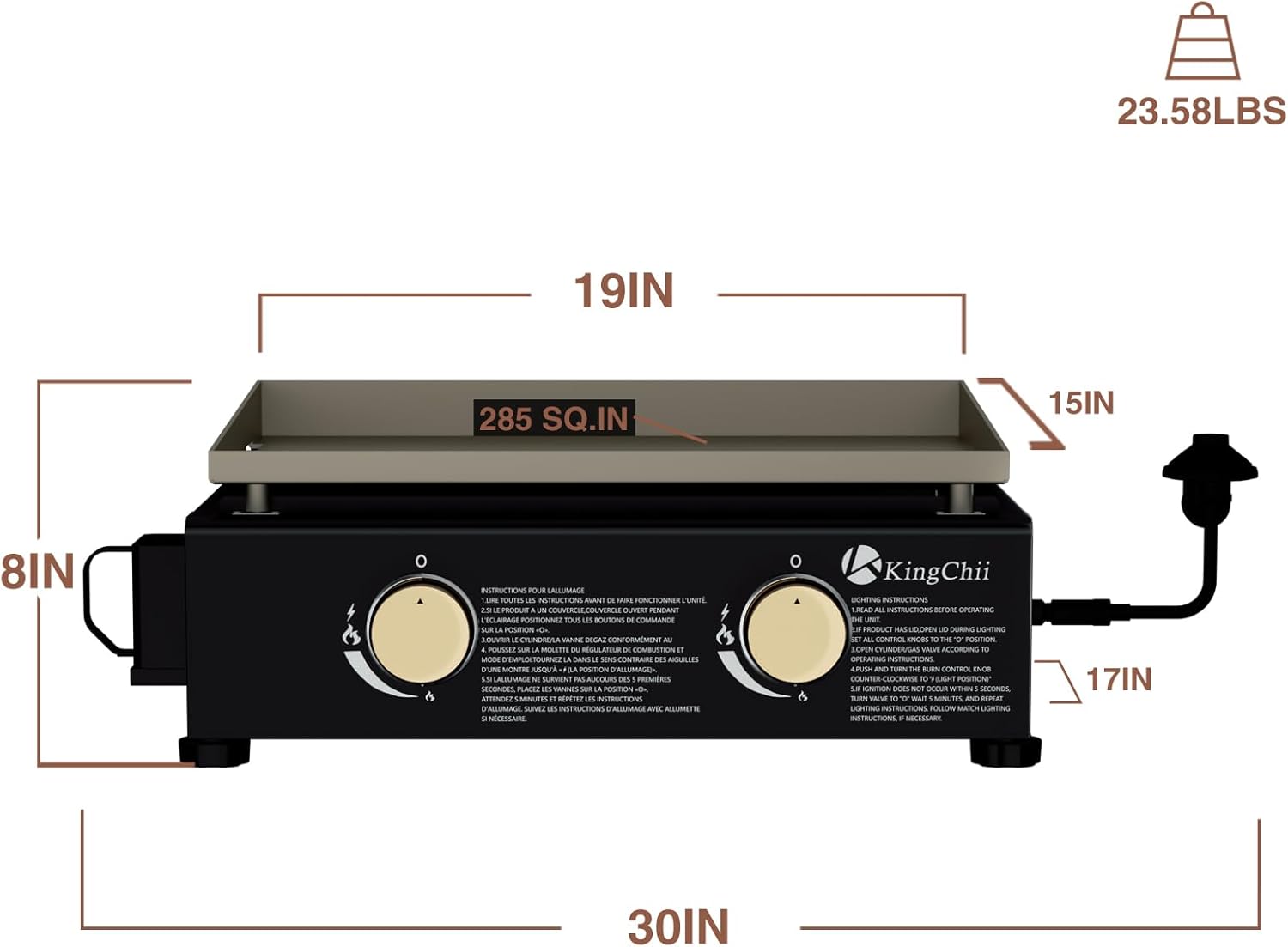 Diagram showing dimensions of the KingChii 19 inch tabletop griddle: 30 inches long, 19 inches wide, 8 inches high, with a 285 sq. inch cooking area and weighing 23.58 lbs.