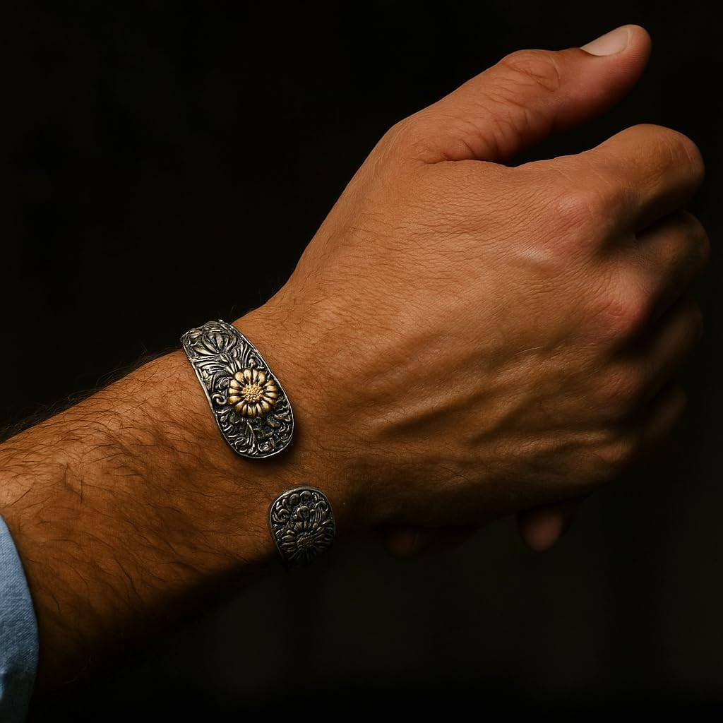 Silver Spoon Bracelet – Adjustable Cuff with Flower Pattern –Mongolian Flower Bracelet for Women&Men