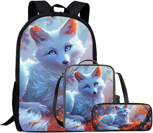 Cute Fox Girls Backpack Set – School Bag With Lunch Bag & Pencil Case For Ages 6-12