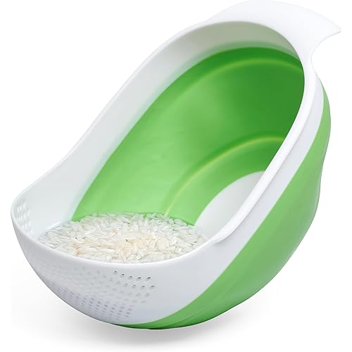 Kitchen Gizmo Collapsible Rice Strainer - Silicone Rice Washer Strainer Bowl - BPA Free - Space Saving Design - Lightweight and Easy to Clean - 9.1 x 7.1in High - Green/Grey