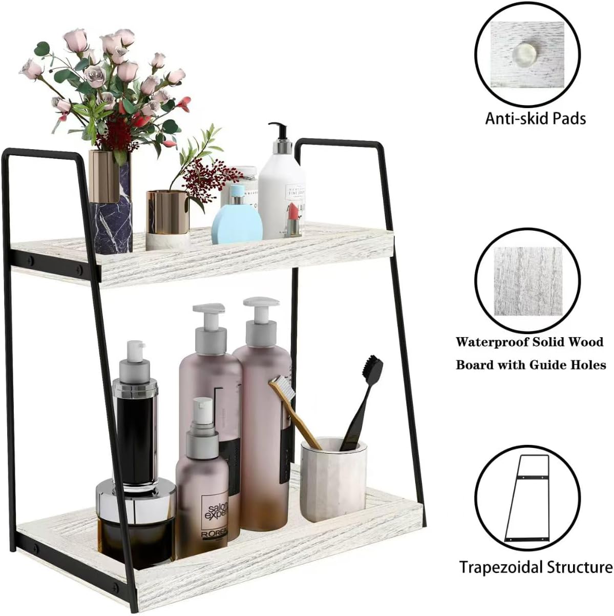 Dorhors 2 Tier Bathroom Counter Organizer Storage,Vanity Organizer for Bathroom Counter,Wood Standing Rack for Kitchen(Rustic White)