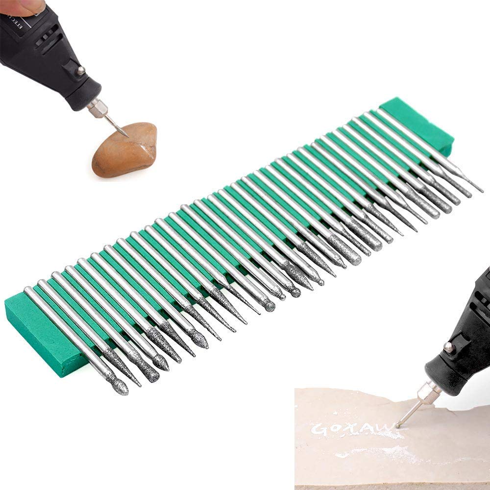 Treki 30pcs Fresas Diamante Mini Brocas de Diamante con 3mm Vástago Fresas Diamantadas Rotatorio de Fresas Taladro de Diamante Herramienta de Broca para Vidrio Piedra Joyería Metal Rotary Tool