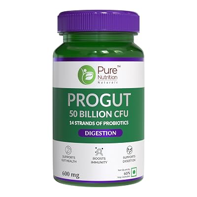 Pure Nutrition Progut 50 Billion CFU,60 Veg Capsule|Probiotic & Prebiotic Supplement for Unisex|14 Probiotic Strains|Sup
