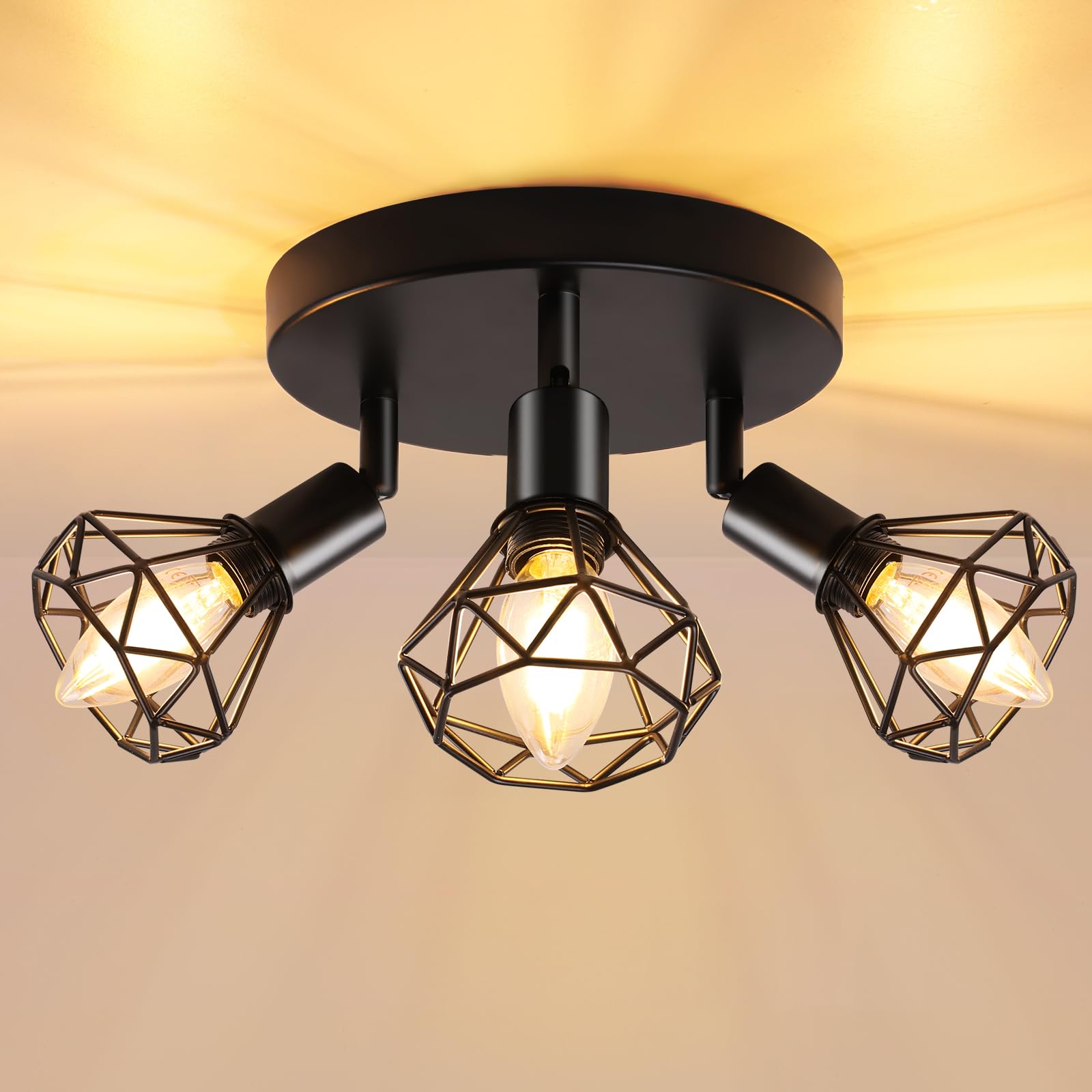 GeyouLux Deckenstrahler 3 Flammig Deckenlampe LED Deckenleuchte Schwenkbar 350° Deckenspots Schwarz E14 Küchenlampe Retro Lampe für Küche Wohnzimmer Flur Schlafzimmer Ohne Leuchtmittel