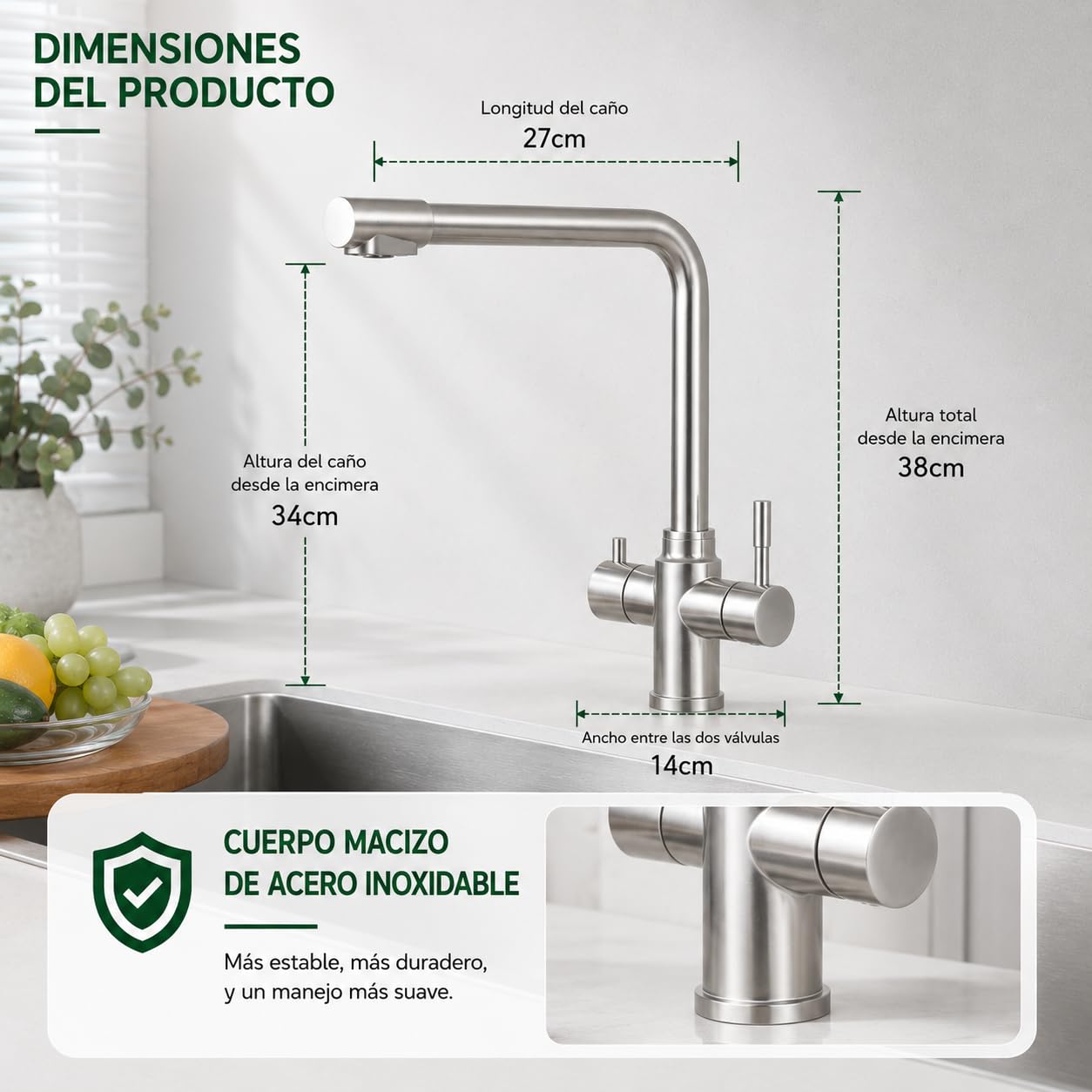 VICTOVA Grifo Cocina 3 Vías para Ósmosis Agua Fría y Filtrada | Canal independiente para agua filtrada · Agua fría y caliente · Giro 360° · Acero inoxidable · Cartucho cerámico