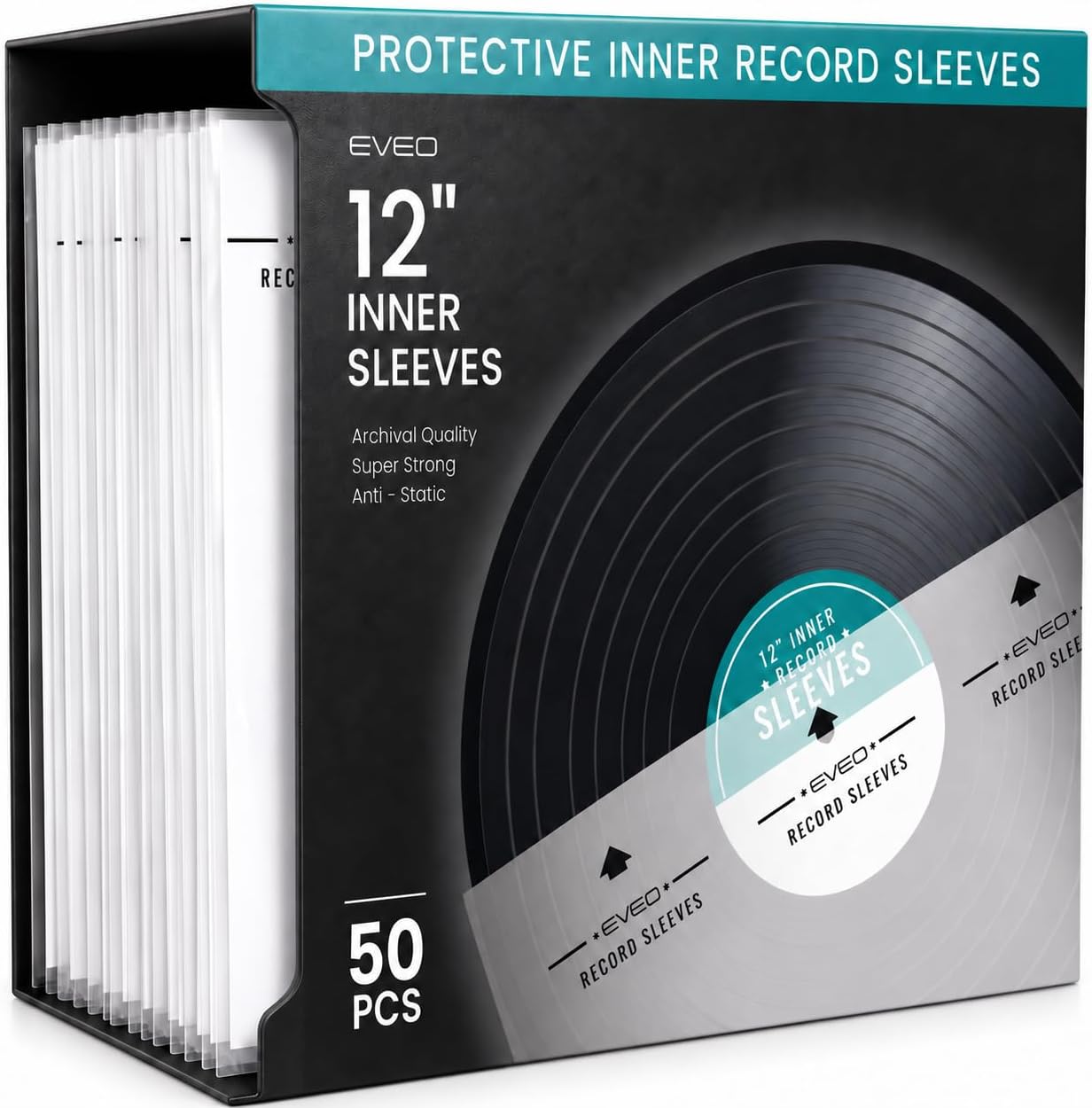 EVEO 50 Vinyl Inner Sleeves for Vinyl Records - Rice Paper Anti-Static LP for 12" Records - Record Sleeves Inner Crystal-Clear Protection and Premium Quality - Archival Grade