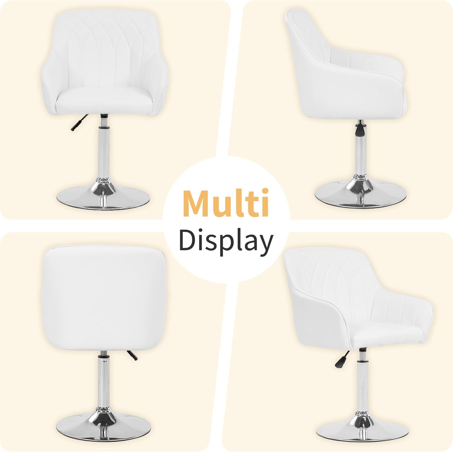 VECELO Modern Accent Chair with Adjustable Height – Swivel Vanity Makeup Chair with White PU Upholstered Seat, Chrome Base, Stylish for Bedroom or Living Room