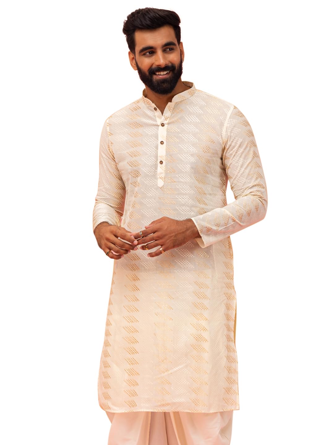 Kisah Men Pearl White Geometric Embellished Kurta Full Sleaves, Knee Length, Straight, Regular Fit, Mandarin Collar Ethnic Wear
