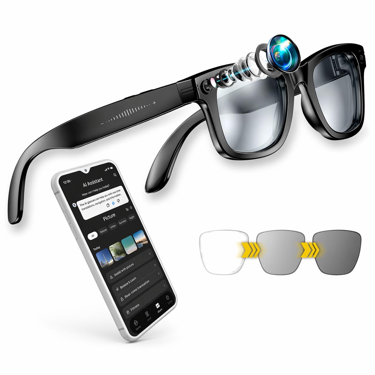 Owlotech Owlotech Lens AI Gafas Inteligentes con Cámara, 32GB, WiFi y Bluetooth, Traducción en Tiempo Real, Control por Voz y Táctil, IP65 (Cristal Fotocromático)
