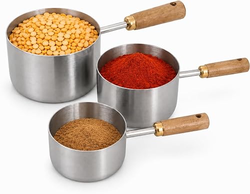 3Pcs Stainless Steel Measuring Cup Spoon Wooden Handle 80ml, 125ml, 250ml