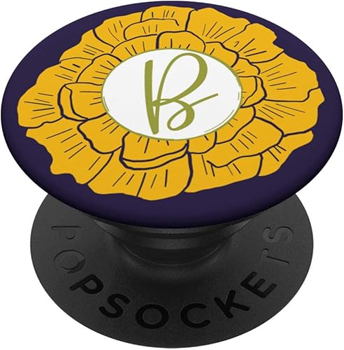 Pretty Caléndula Flor Monograma Letra B Amarillo con PopSockets Azul Agarre y Soporte para Teléfonos y Tabletas, Negro