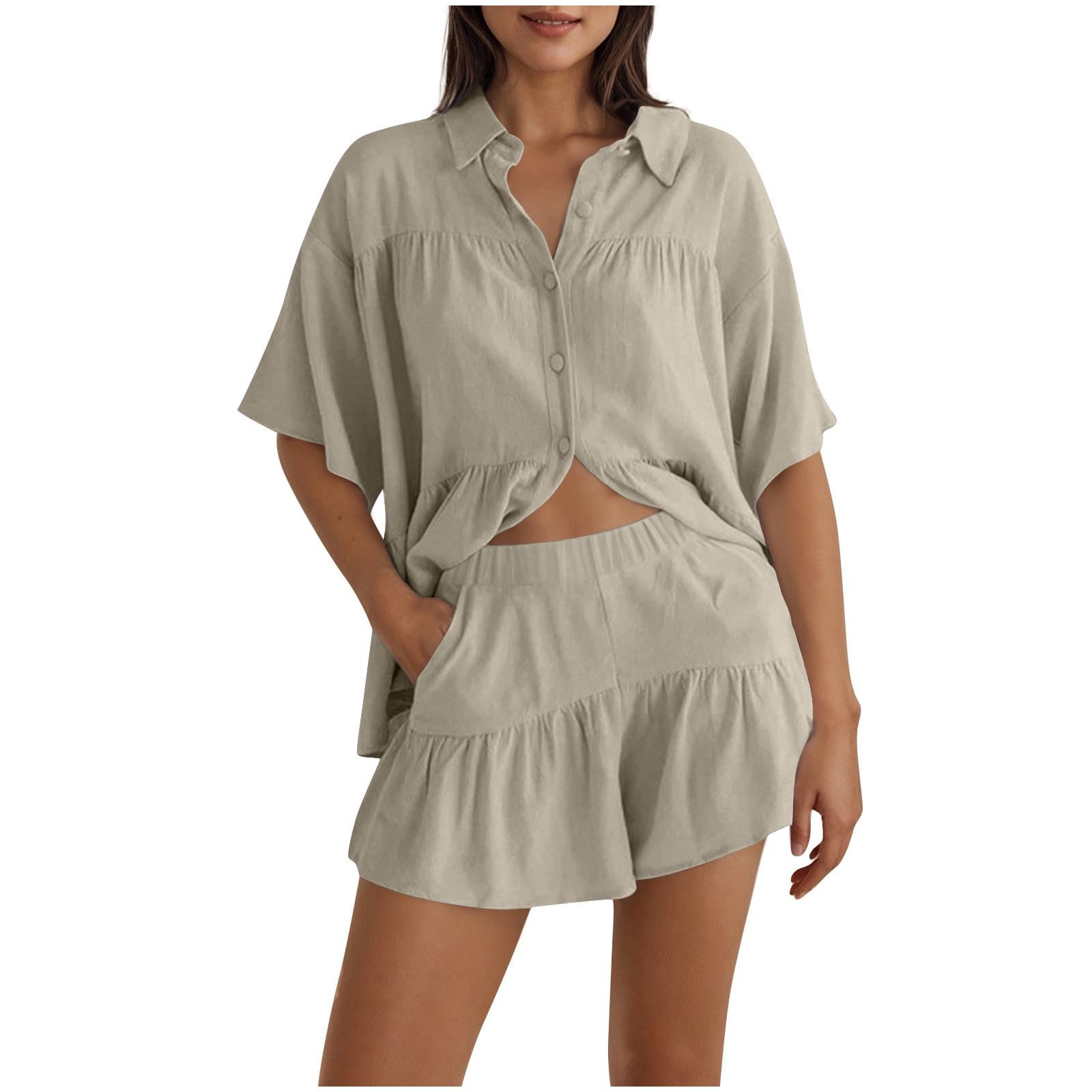 SHOPESSA Lounge Sets for Women Short Sleeve Button Down Shirts Ruffle Bottom Shorts Sets 2 Piece Summer Casual