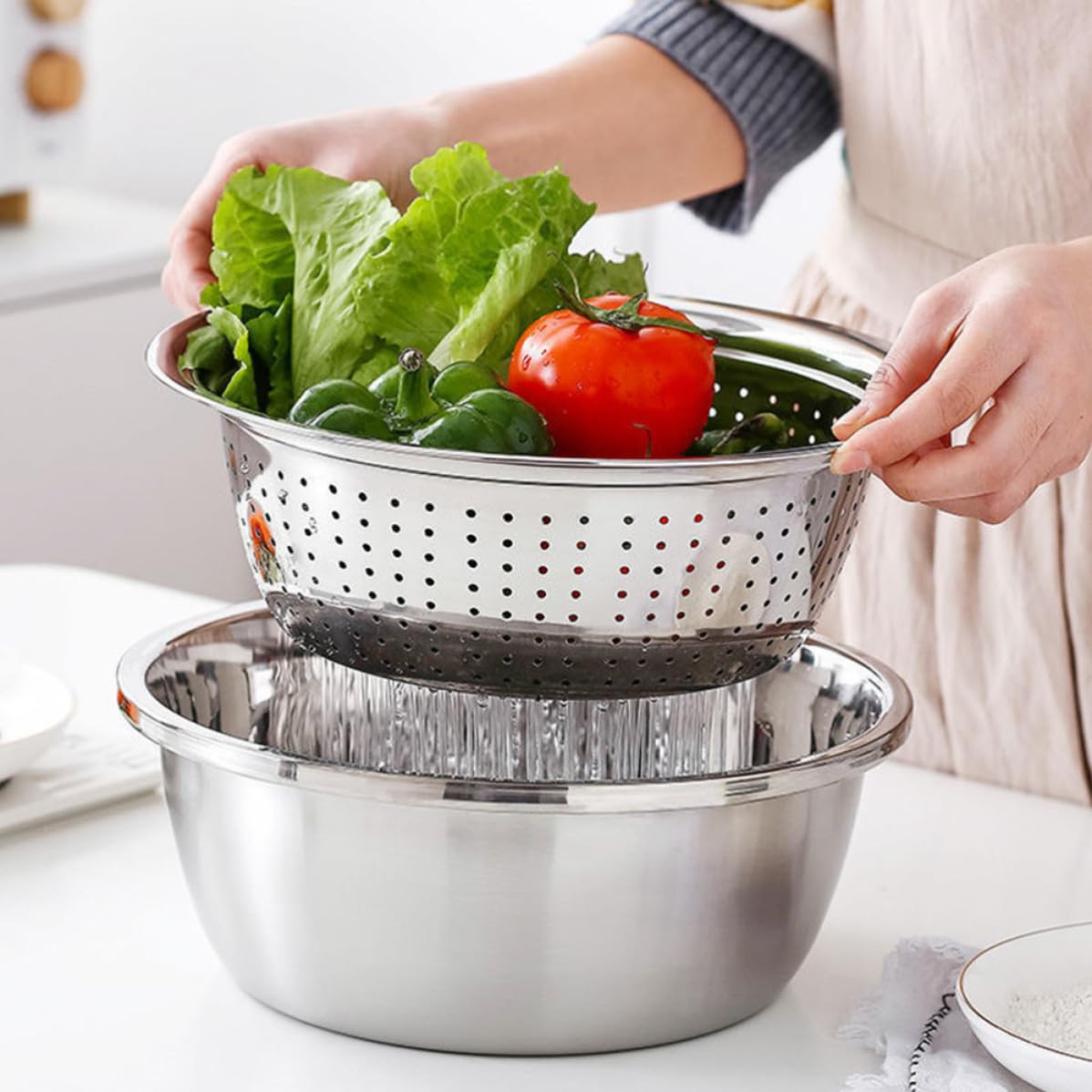 Juego de Coladores de Acero Inoxidable 3 Piezas con Borde Grueso | Plata, Lavado y Cocina Doméstica, Cuenco para Cortar Verduras con Gran Reborde