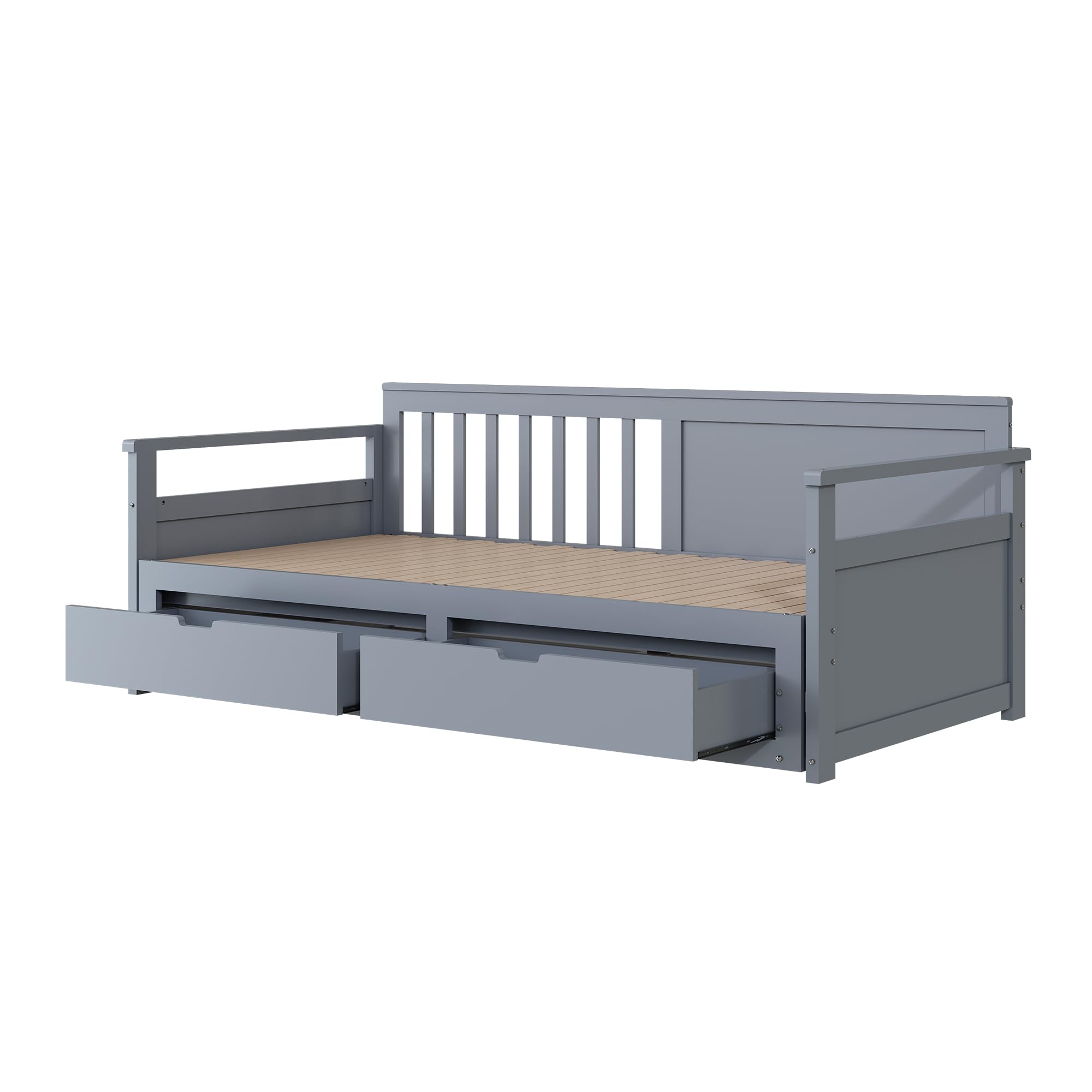 Tagesbett 90 x 190 cm, Ausziehbar auf 180 x 190 cm mit 2 Schubladen und Lattenrost, Platzsparendes Funktionsbett mit Rückenlehne und Armlehnen, aus Kiefernholz, Grau