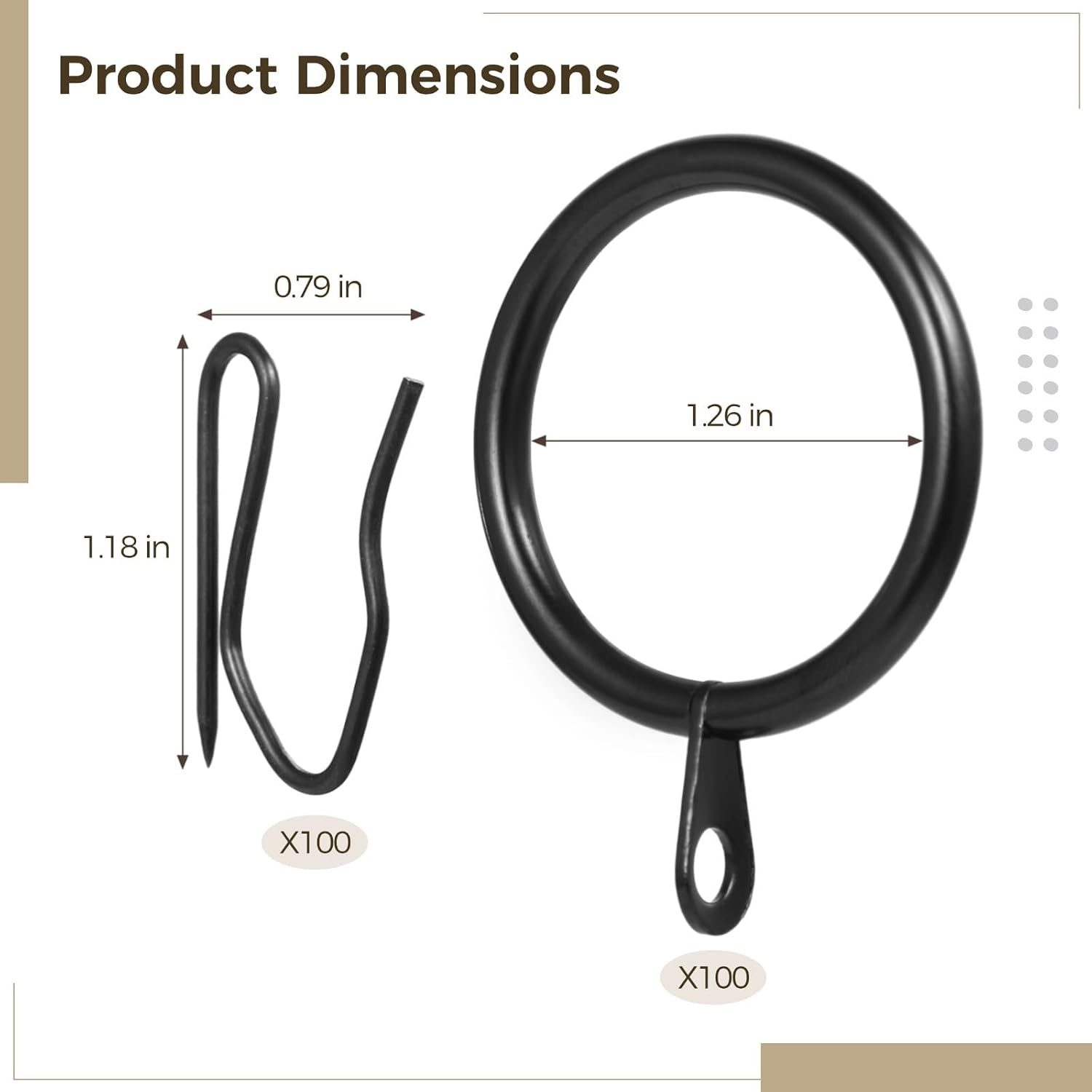 Generic Hooks with Metal Curtain Rings 100 Sets, Eyelets with 1.26 Inches Inner Diameter, Heavy Duty Rustproof Drapery Ring and Pin Hooks for Drapes Shower Curtains Living Room Bedroom