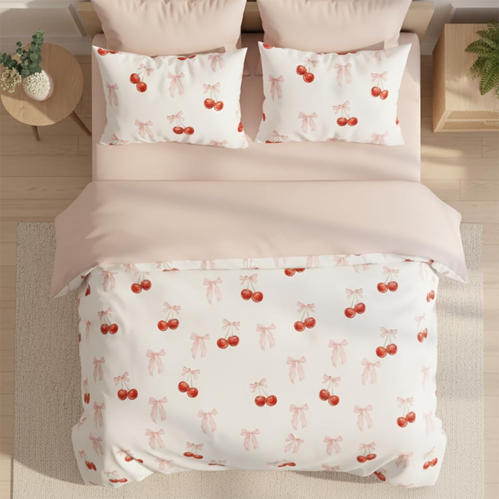 Nayoroom Bettwäsche 135x200 Weiß Rosa Schleifen Kirschen Mädchen Bettbezug Bettwäsche-Sets 2teilig Schleifenmuster ÖKO-TEX Microfaser Wendebettwäsche und Kissenbezug 80x80 cm mit Reißverschluss