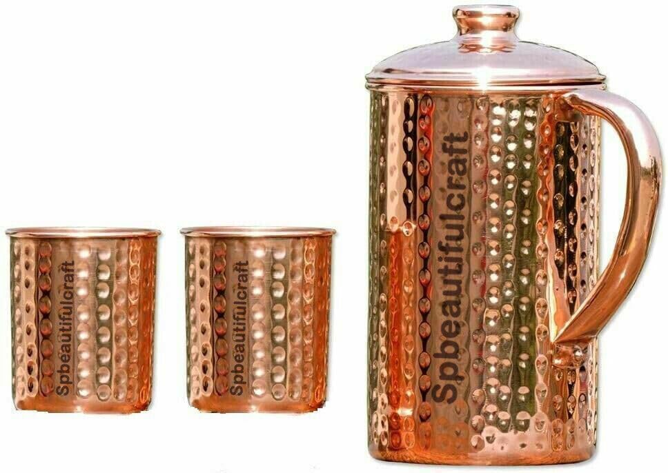HRS India - Brocca per acqua in puro rame, martellata, 2 litri, 2 bicchieri in vetro, 300 ml, benefici per la salute