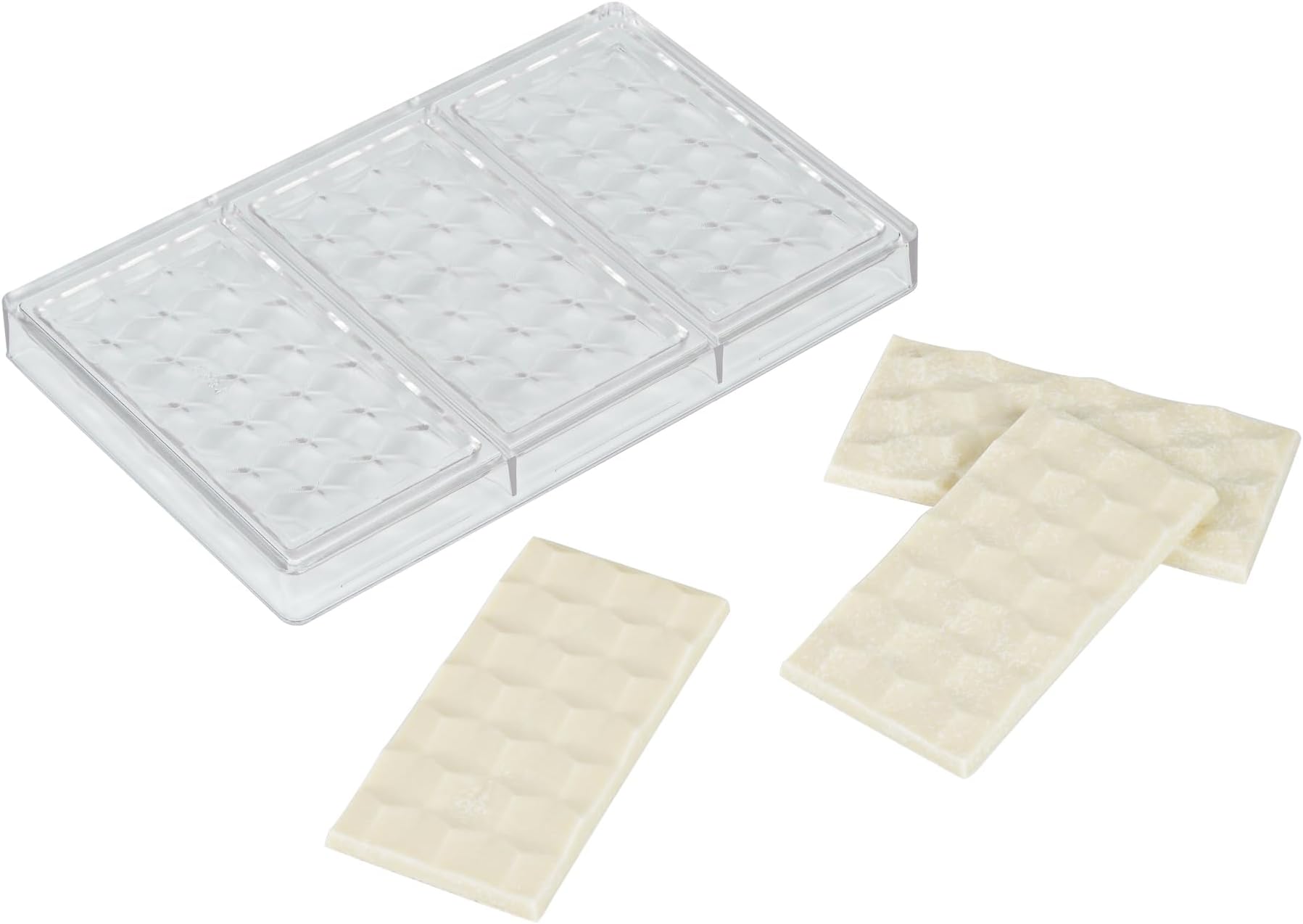 Pastry Tek 10.8 x 6.9 Inch Chocolate Shaping Mold, 1 Freezable Candy Mold - 3 Cavities, 3D Cube-Shaped, Clear Polycarbonate Chocolate Mold, Dishwashable, Easy To Release - Restaurantware
