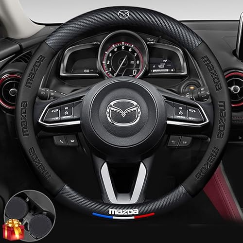 Customized Steering Wheel Cover Compatible with Mazda, Nappa Leather & Carbon Fiber Design, Includes 2 Non-Slip Coasters and USB Fast Charging Cable (Black)