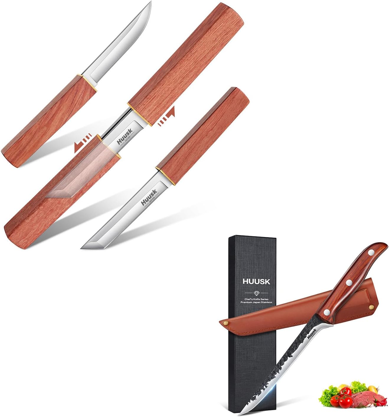 Huusk Camping Knife Fixed Blade 2 In 1 D2 Steel Japanese Samurai Knife Boning Knife 6 Inch,Fillet Knife for Meat,Brisket Trimming Knife For Kitchen Outdoor Camping Gift for Dad