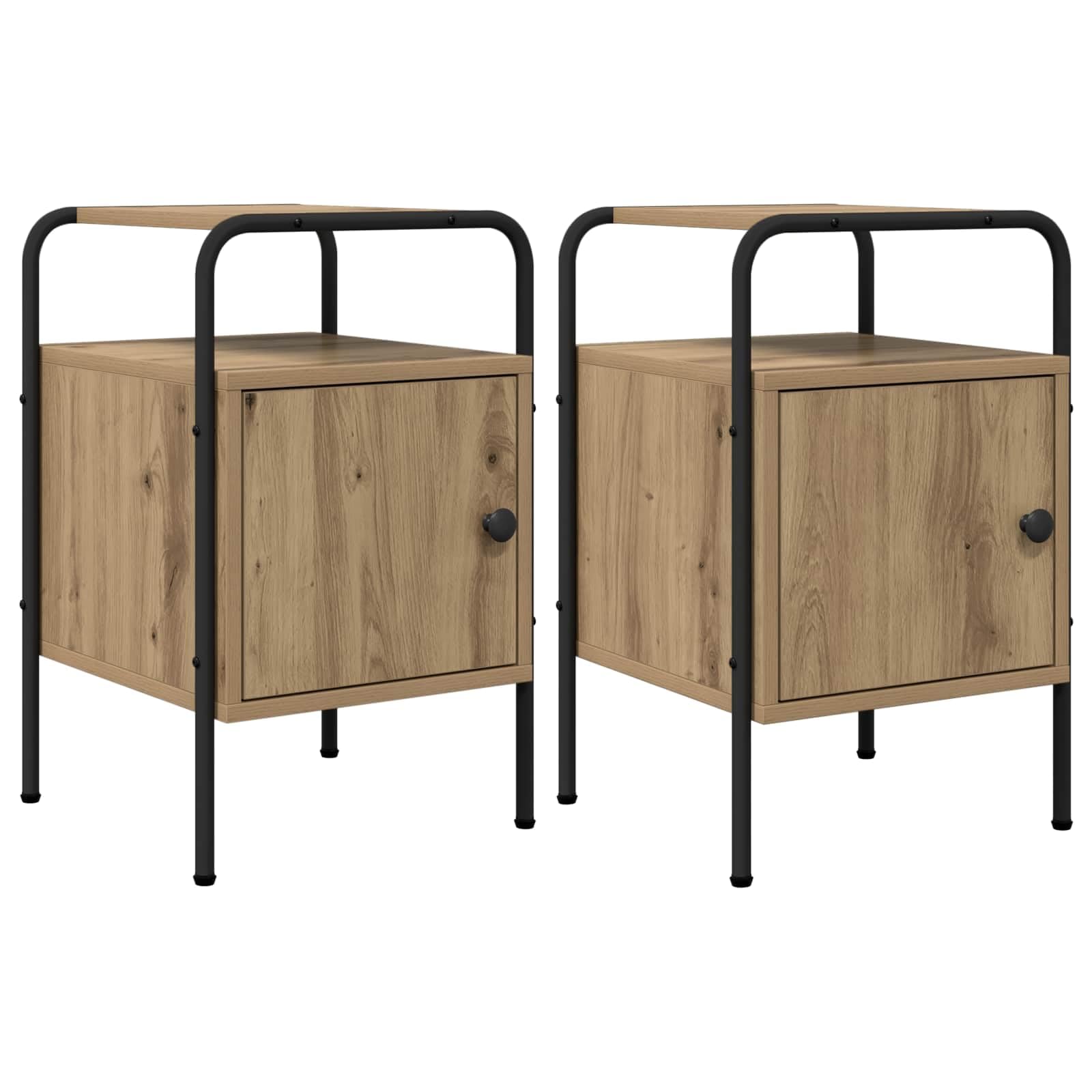 Armadio da Notte 2 pz Rovere Artigianale in Legno ingegnerizzato con Telaio in Acciaio, Mobiletto con Anta e Ripiano, Comodino Salvaspazio per Camera da Letto e Soggiorno