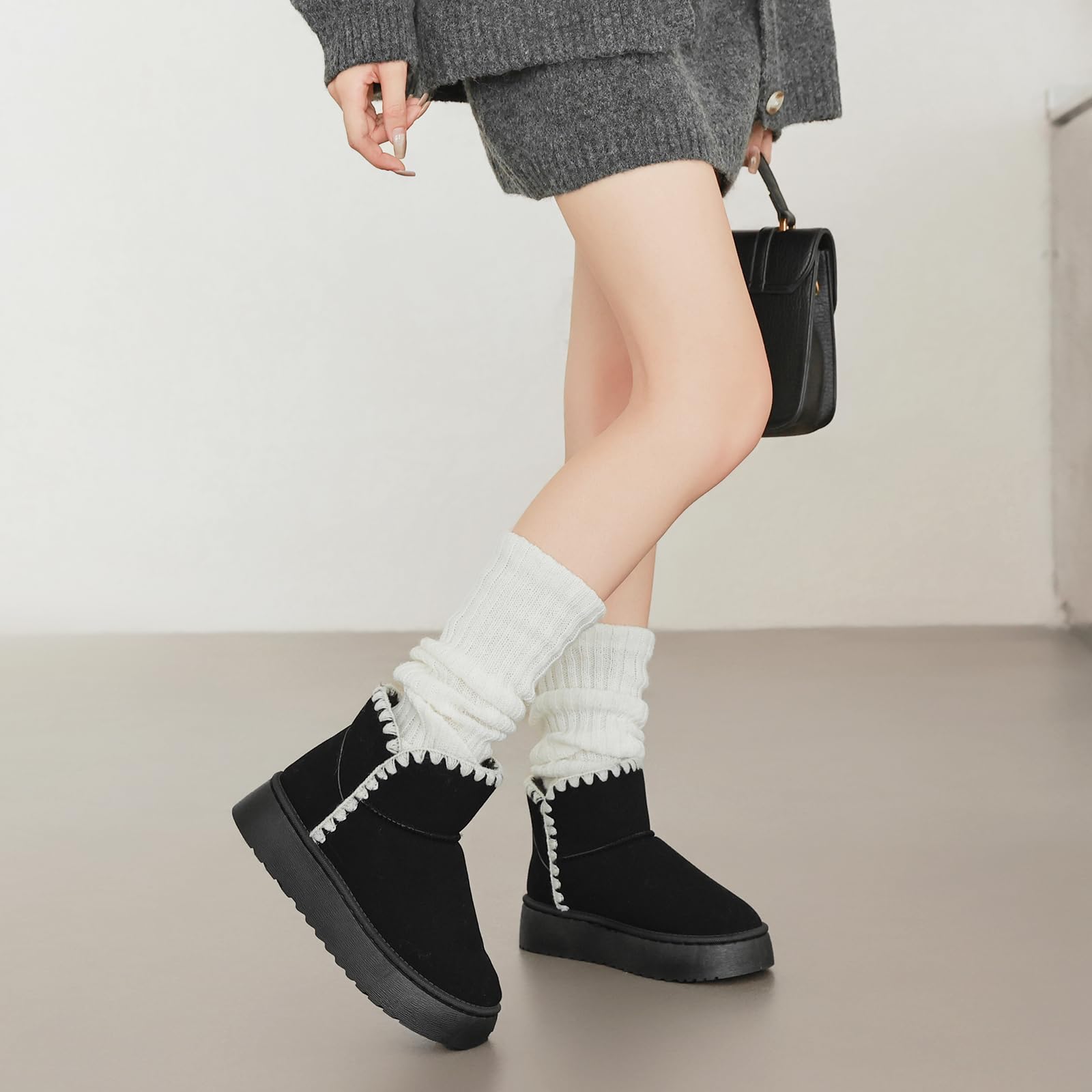 Jifenkla Stivali da Neve Donna,Design in pizzo a onde alla moda,Foderato Caldo Stivaletti invernali,Antiscivolo Impermeabili suola in gomma,Leggerie Comode Pelliccia Breve Scarpe,Outdoor