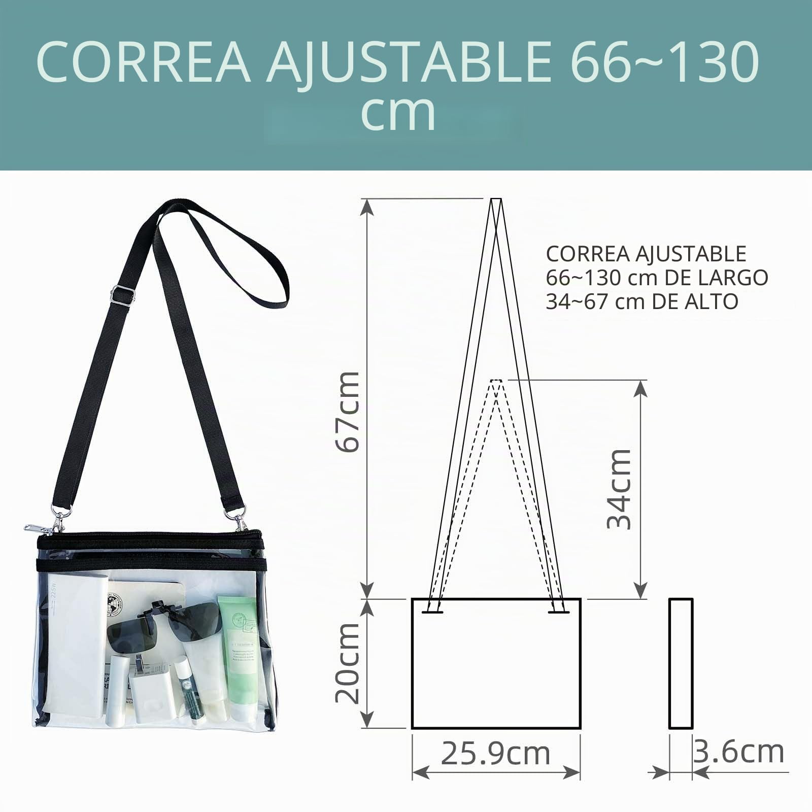 Bolsa cruzada transparente de PVC aprobada por el estadio, bolsa de hombro transparente para gimnasio, bolso transparente, correa de hombro ajustable, para fanáticos de los deportes y viajeros