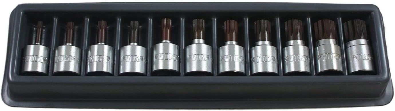 VIM Tools Triple Square Serrated Stubby 11 Piece XZN Driver Set 3/8 Drive 4MM 5MM 6MM 7MM 8MM 9MM 10MM 12MM 14MM 16MM