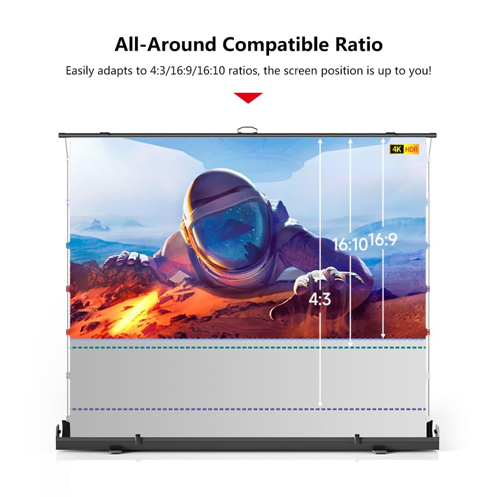 Telo Proiettore 4K HD da Pavimento, Schermo Cinematografico Portatile da 60 72 80 92 pollici con Supporto a Forbice per Esterni e Interni(60 Inch)