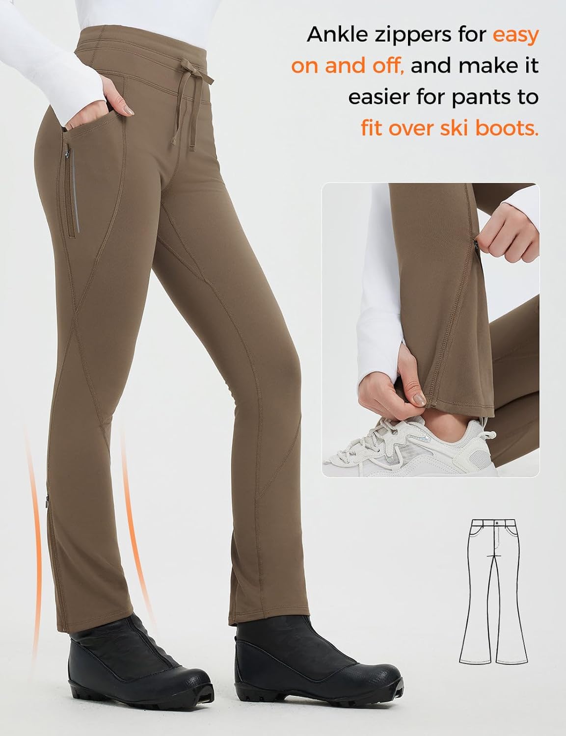 baleaf Women's Thermal Fleece Lined Leggings with Pockets Ankle Zip Reflective Water Resistant High Waisted Warm Snow Pants - Image 2