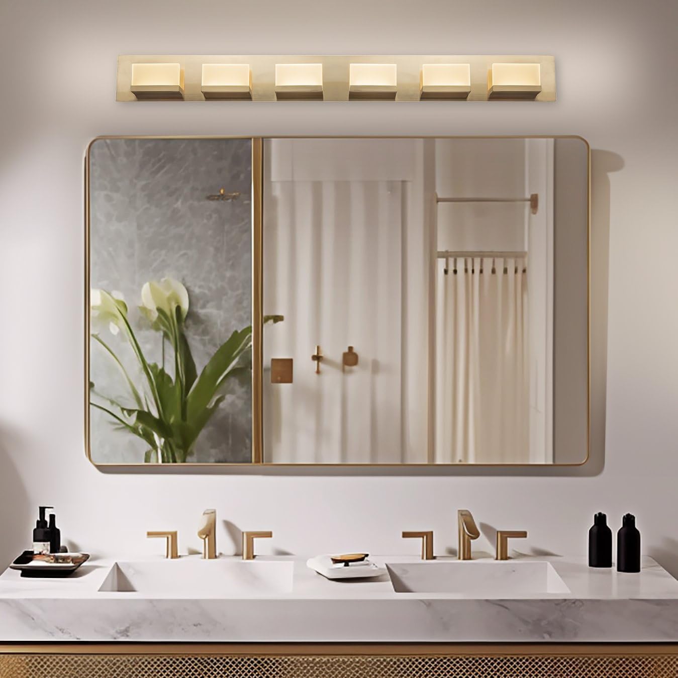Kira Home Everett 48" Modern 6-Light 60W Integrated LED (360W eq.) Bathroom/Vanity Light, Rectangular Acrylic Lenses, Energy Efficient, Eco-Friendly, 3000k Warm White Light, Cool Brass Finish