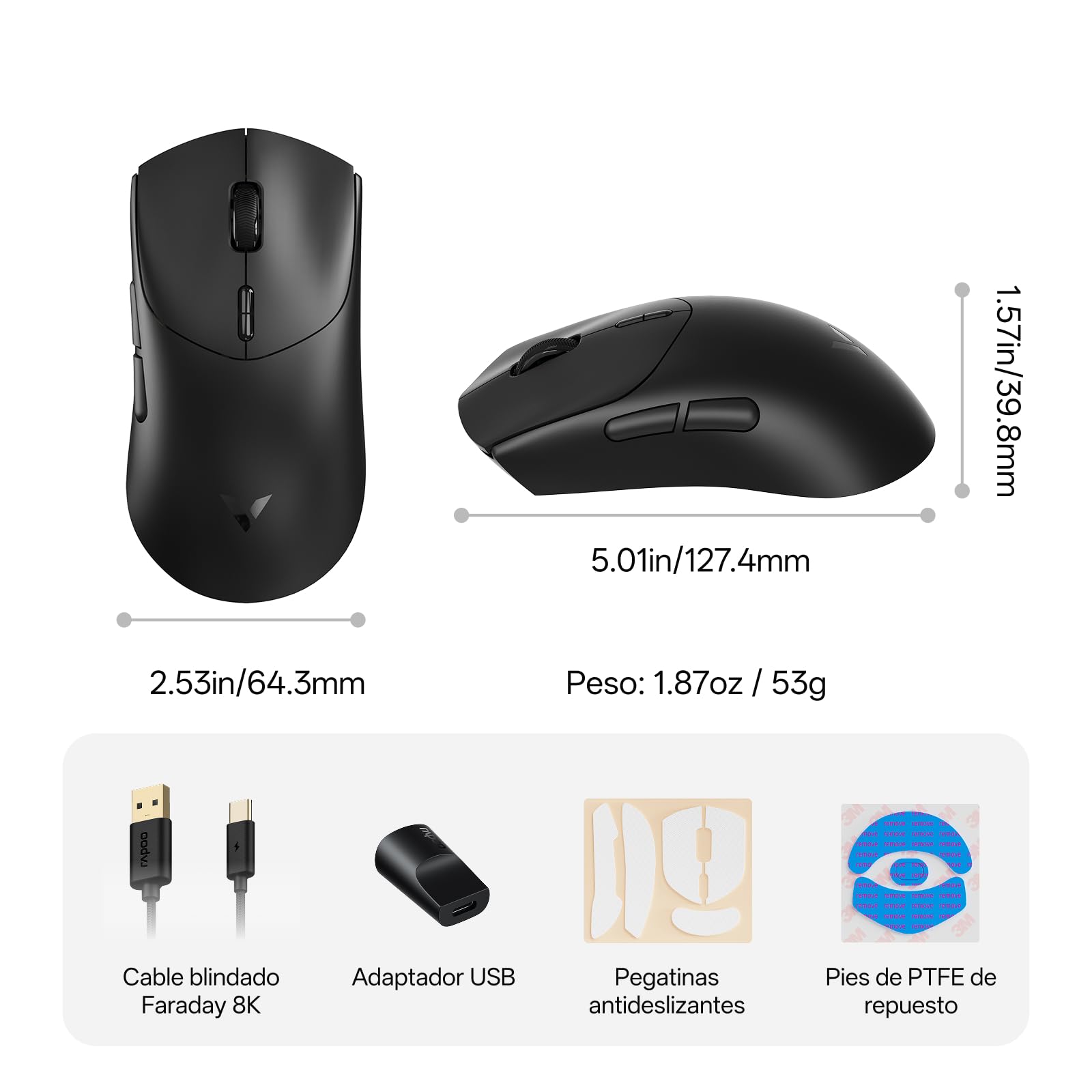 Rapoo VT7 MAX Ratón Gaming Inalámbrico, Sensor PAW 3950 Ultimate, 30000DPI, Verdadero Sondeo de 8000 Hz, Ultraligero 53g, Batería de Hasta 750h, Interruptor Óptico 120M, 10 Botones Programables, Negro