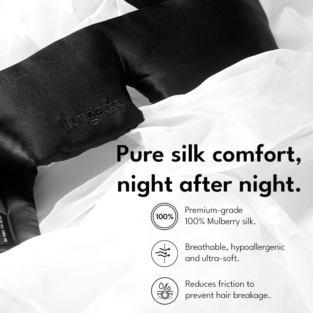 Longevity Antifaz de seda de morera 100 % para dormir, antifaz de seda bio-contorneada con infusión de iones de plata para piel y cabello, bloqueo de luz, hipoalergénico, ayuda para dormir de lujo