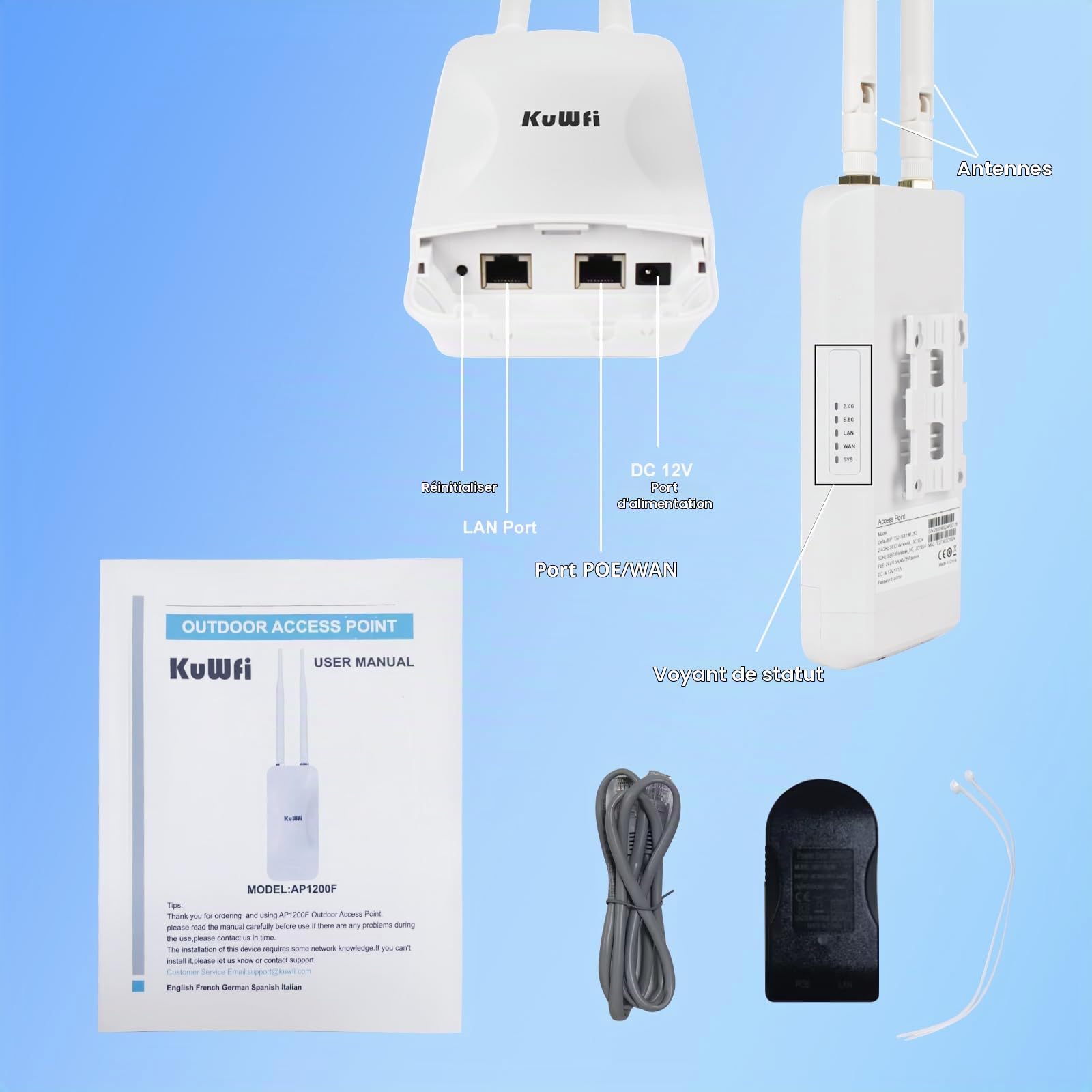 KuWFi Répéteur WiFi Extérieur 1200 Mbps (2,4 GHz + 5,8 GHz) - Point d'Accès avec 2 Antennes 5 dBi, Étanche IP65, Alimentation Passive PoE/DC, Montage Mur/Poteau - Modes AP/Répéteur, MU-MIMO