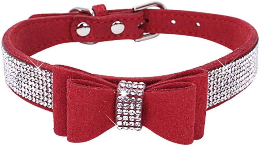 Dogs Kingdom 10"-24" Length Cute Pet Dog Velvet Bow Tie Collar Puppy Cat Full Crystal Rhinestone Necklace Adjustable,Red,XS
