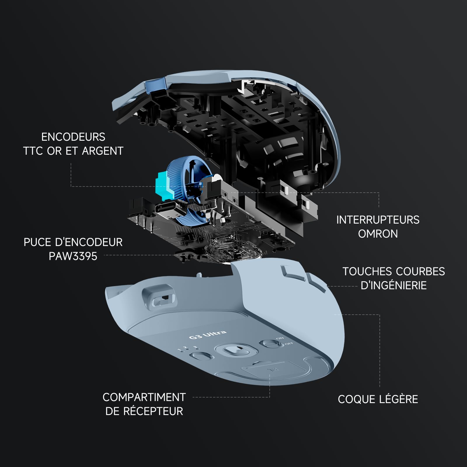 MCHOSE G3 Ultra Leggero Gamer Mouse 64 g, 26 000 DPI, 8000 Hz Polling Rate, 650 IPS, 8 Pulsanti Programmabili, Mouse da Gioco Wireless/Cablato/BT 5.0/2.4Ghz, Batteria 170 h, PC e Mac - Blu