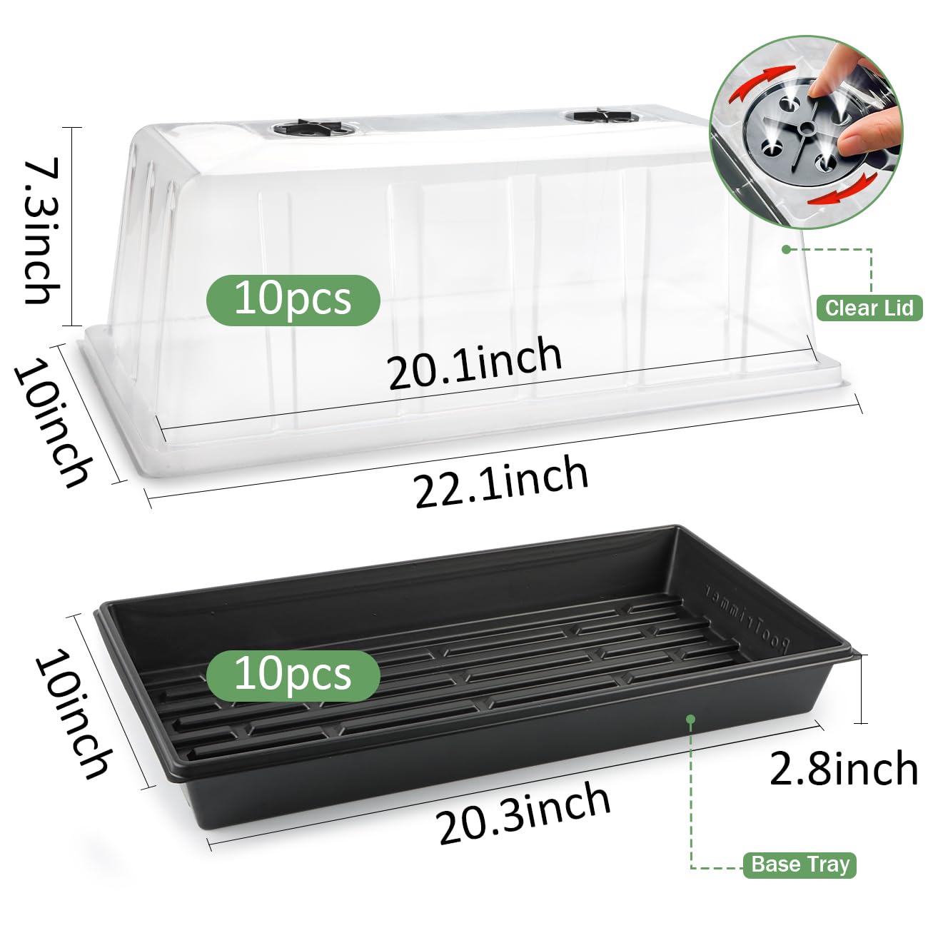 Bandejas 1020 con cúpula alta de 7.3 pulgadas, paquete de 10 bandejas de inicio de semillas extra grandes con cúpulas de humedad, bandejas de semillas 1020 resistentes y planos con tapa, mini
