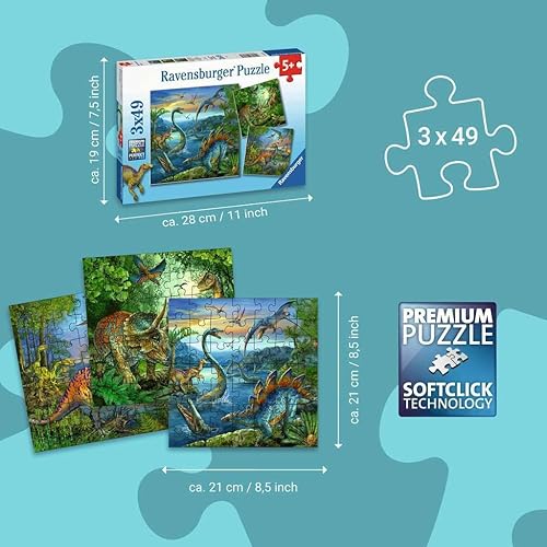 Miniatura 6 de Ravensburger Dinosaur Fascination - Juego de rompecabezas de 3 x 49 piezas - 09317 - Cada pieza es única, las piezas encajan perfectamente