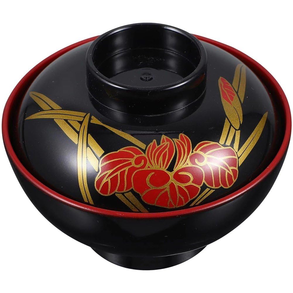 Baokuan 1 Sets Miso Soup Bowls with Lids Unbreakable Traditional Japanese Melamines Soup Bowl, Rice Bowls Ramen Bowl for Instant Noodle, Snack