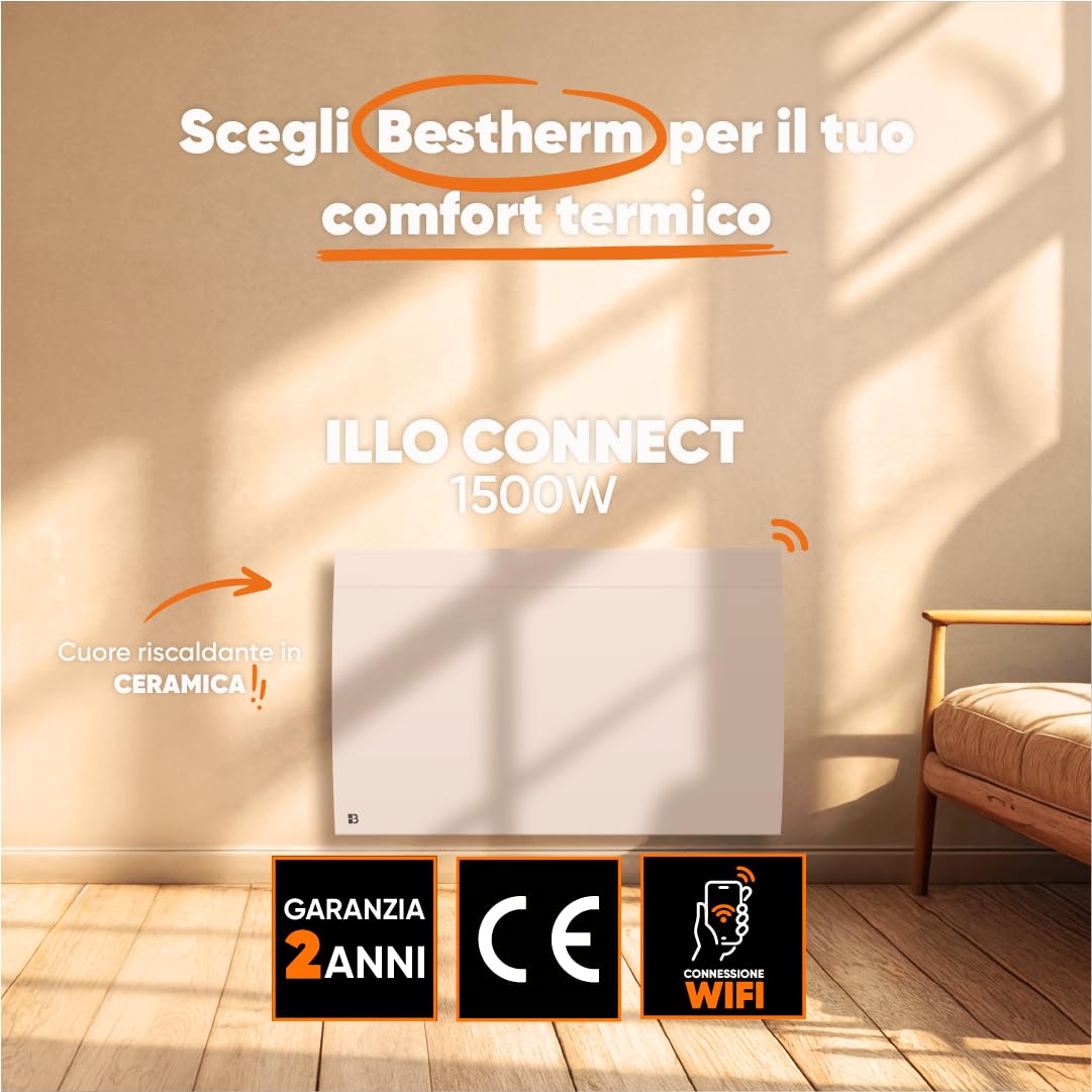 BESTHERM - Radiatore elettrico fisso collegato WIFI inerzia secca ceramica 1500W Bestherm ILLO CONNECT orizzontale bianco