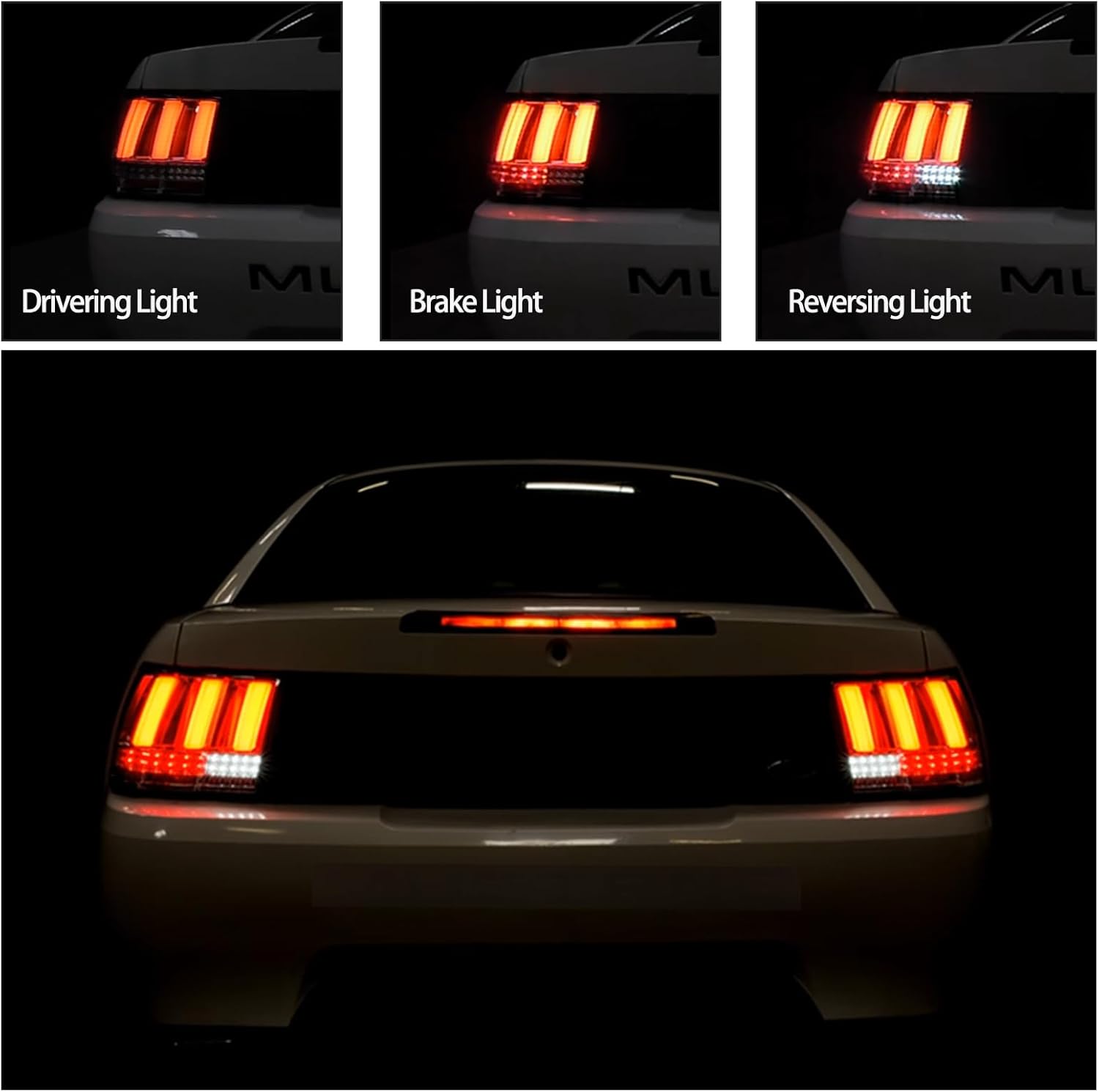 Tail Light Compatible With 1999-2004 Ford Mustang, Smoke Black Sequential LED Bar Taillights, Left and Right Pair Assembly