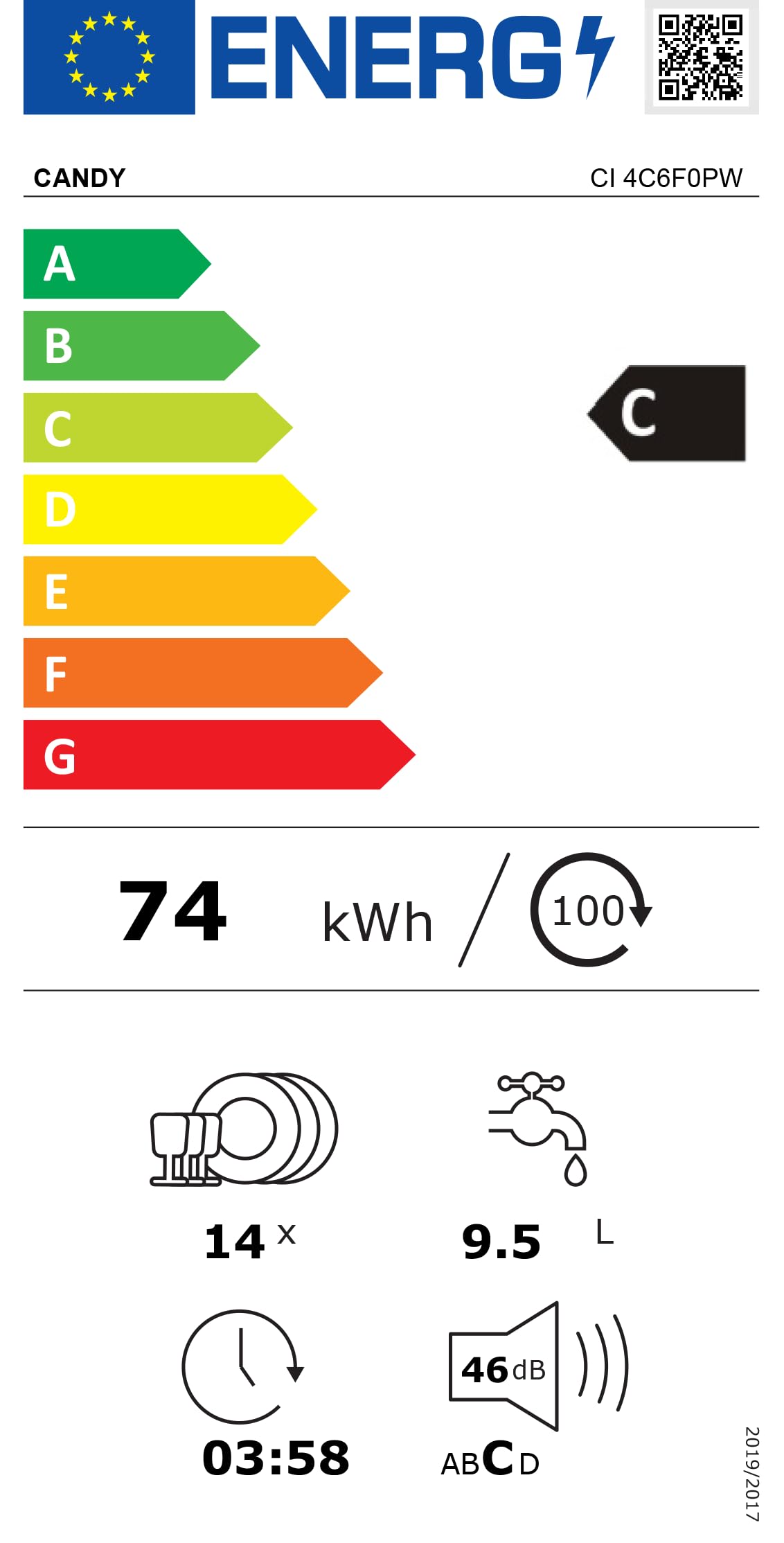 Candy CI4C6F0PA / Lavastoviglie completamente integrata / 60 cm Funzione Wi-Fi (hon) / 14 controsoffitti/cestello superiore regolabile in altezza/Aquastop / 8 programmi