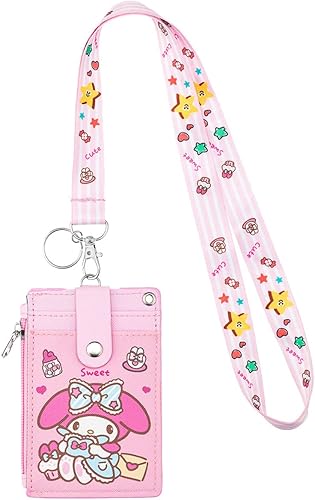 HASFINE Soporte para tarjetas de identificación con cordón, soporte duradero de piel sintética, diseño de conejo de dibujos animados, bolsillo con