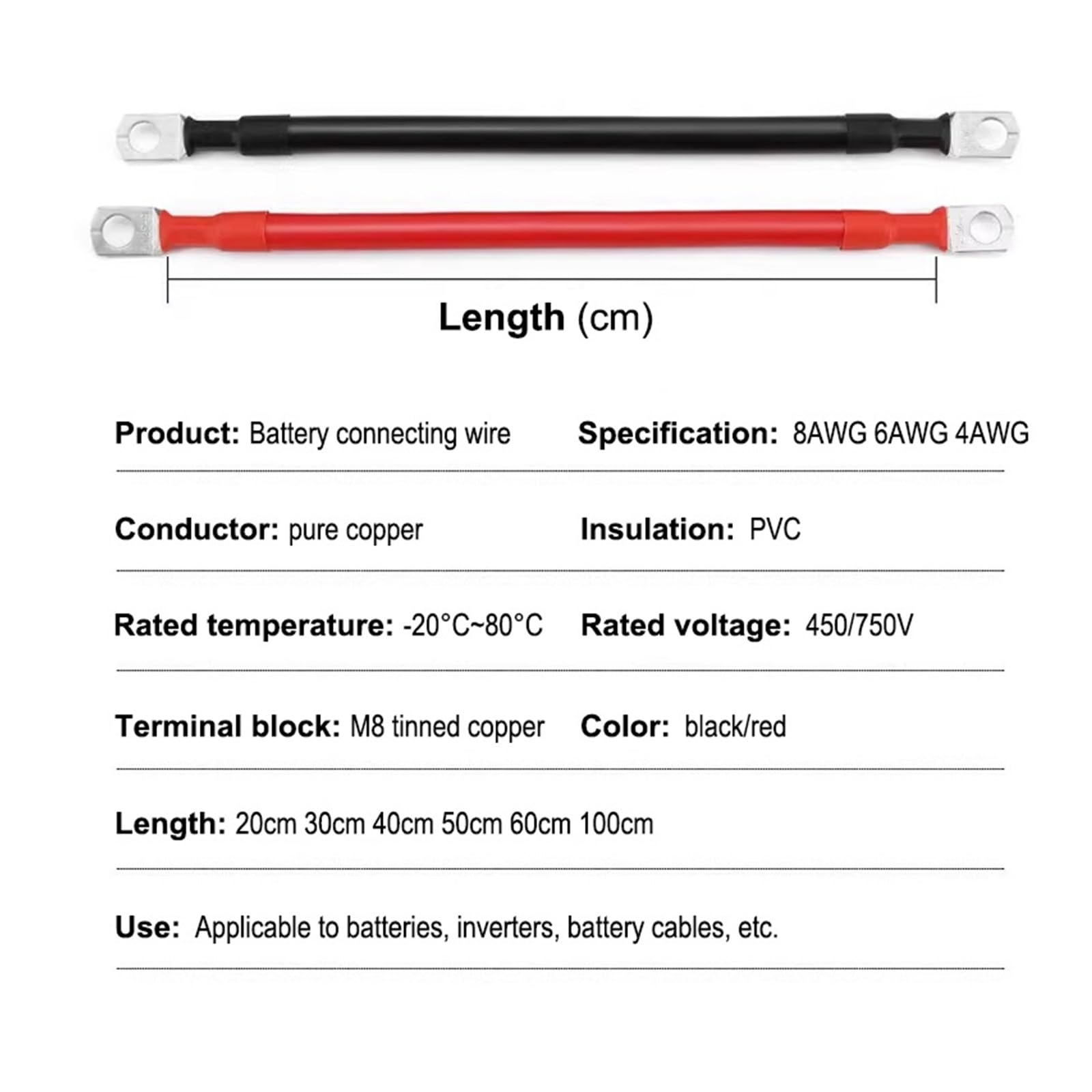 10/20/50/100 cm RV-Batteriekabel aus reinem Kupfer, verseilt, 8, 6, 4 AWG, mit verzinntem M8-Kupfer-SC-Anschlusskabelschuh for Wechselrichter, Auto, Solar(Red,50CM_4 AWG)
