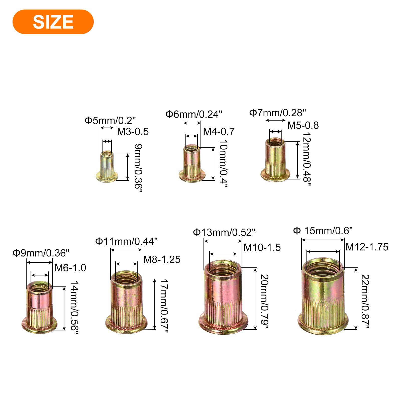 QUARKZMAN 1000 Piezas De Tuerca De Remache Cabeza Plana M3 M4 M5 M6 M8 M10 M12 De Acero Al Carbono Con Cuerpo Moleteado Y Acabado En Zinc